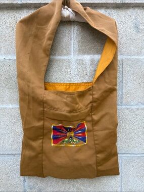 Tan Cotton Shoulder Satchel with Colorful Embroidered Accent